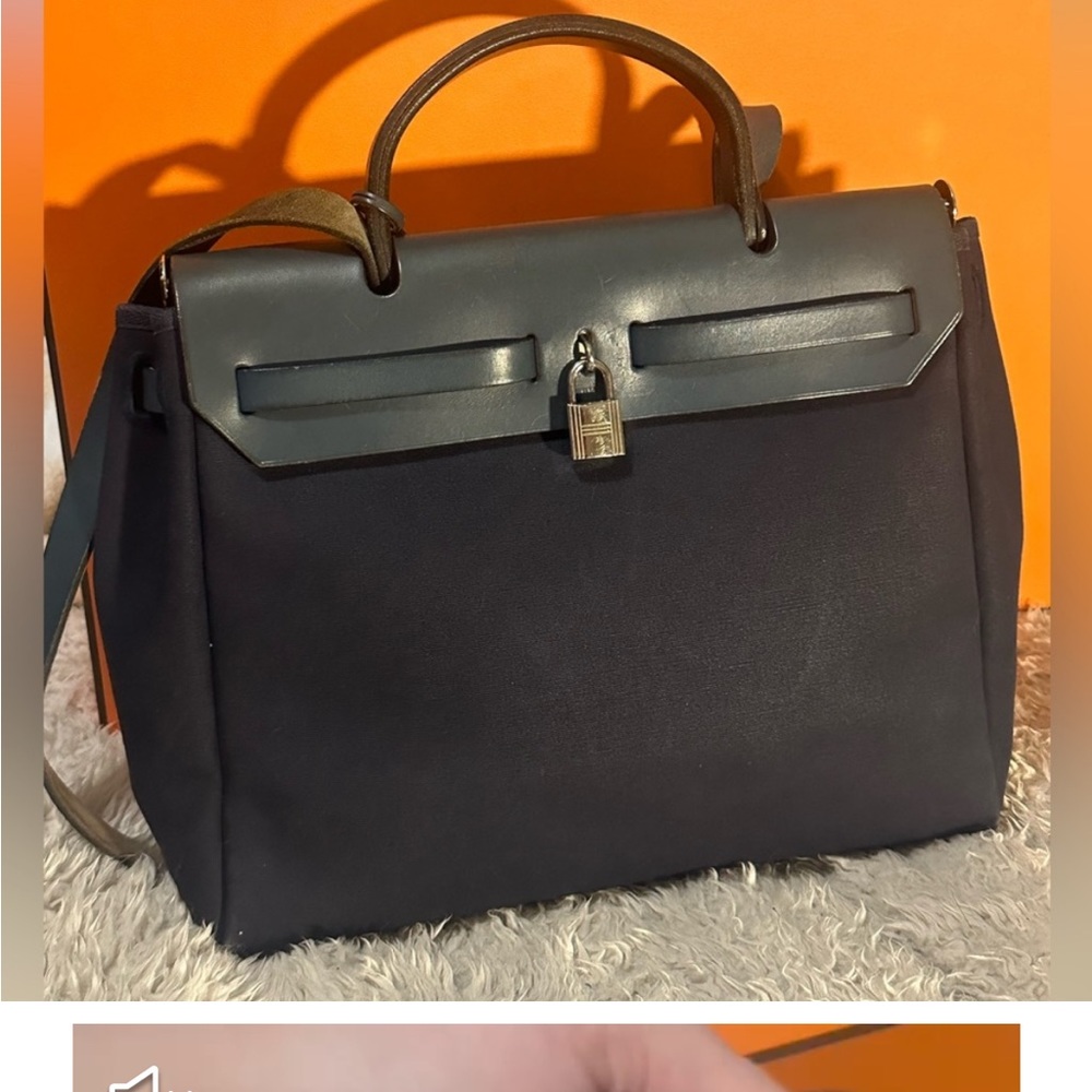 Hermes Vintage Navy Blue Canvas and Leather Herbag circa 1999 PM authenticated